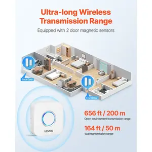 VEVOR Door Chime, DC 12V, Wireless Door Open Contact Sensor Alarm Chime with 656 ft Range, 58 Chimes 5 Adjustable Volume, Doors Ringer Alert for Business, Store, Home, Office When Entering
