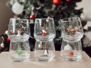 Murano Glass Christmas Wine Glasses Hand Blown Figurine Decor with Snowman Penguin Reindeer Christmas Tree Ornaments Santa Set of 6 Festive Holiday Table Decor