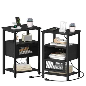 Nightstand with Charging Station, 1pcs/2pcs Bedroom Bedside Table with USB Ports and AC Outlets, Sofa Side End Table with Storage Drawer, Couch Side Table with Open Shelf for Living Room Office Dorm