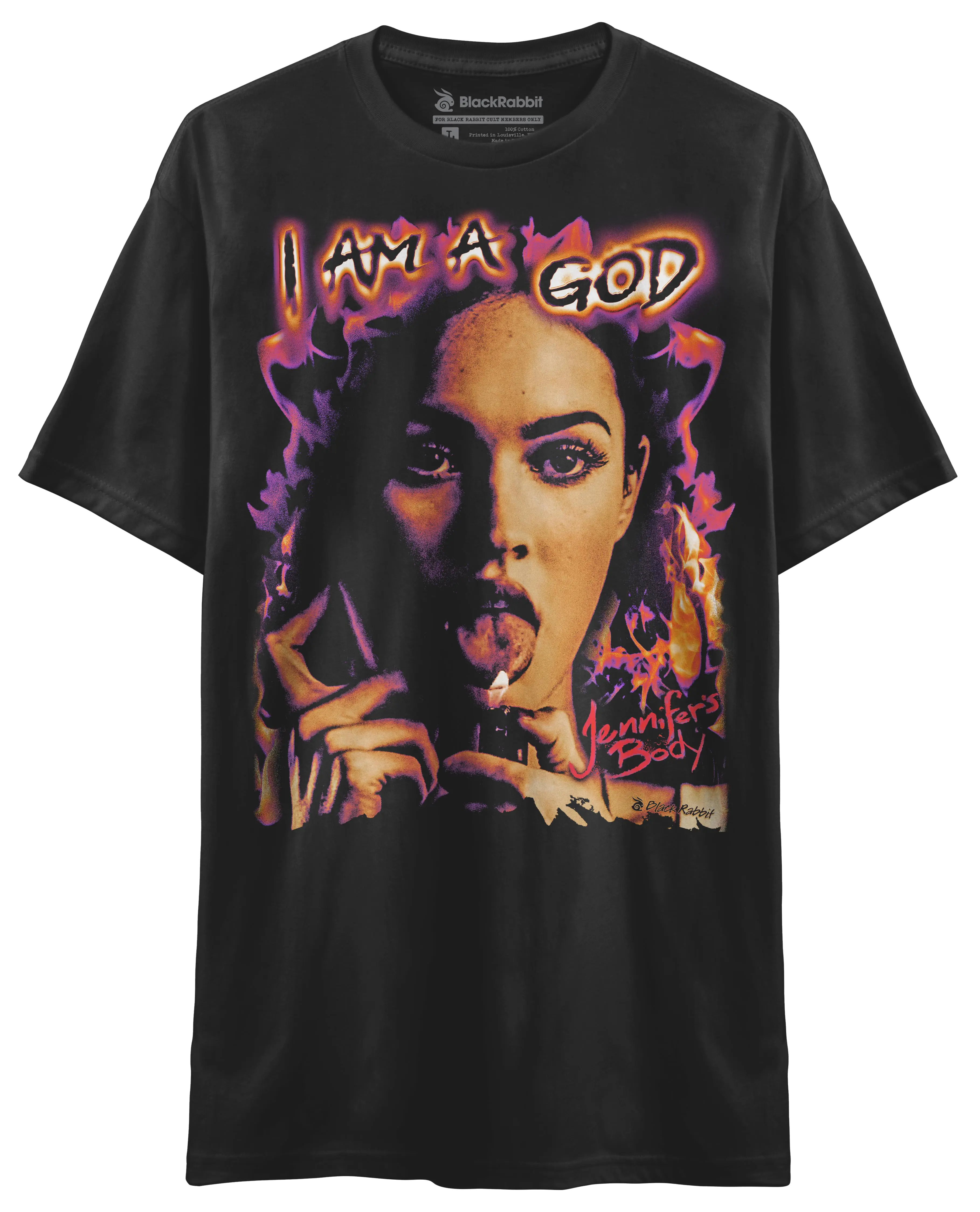 BLACK RABBIT Jennifer's Body I Am A God Megan Fox Horror Movie Retro Vintage Bootleg Unisex Classic T-Shirt Jumbo Oversized Print Heavyweight Streetwear Shirt