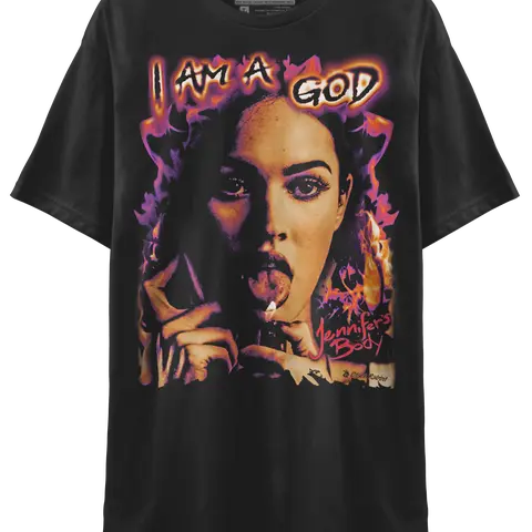 BLACK RABBIT Jennifer's Body I Am A God Megan Fox Horror Movie Retro Vintage Bootleg Unisex Classic T-Shirt Jumbo Oversized Print Heavyweight Streetwear Shirt