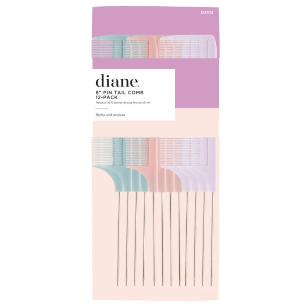 Diane Stiletto Pin Tail Hair Care Comb, 12-Count Professional Styling and Sectioning Tools in Assorted Pastel Colors, 8in, Twelve Pack