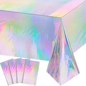 4 Pack Iridescent Plastic Tablecloths, Shiny Disposable Laser Rectangle Table Covers, Holographic Foil Tablecloth Iridescent Birthday Party Supplies Decorations