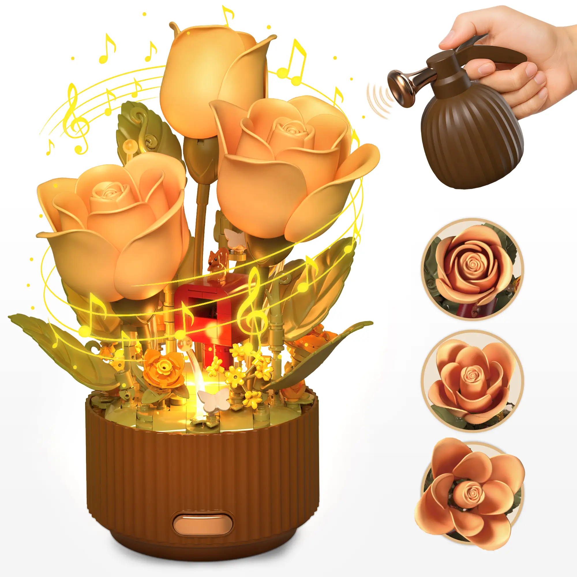 Whisper Of Rose,TOKMOC Blooming Rose Building Blocks Set,DIY Flower Building Kit with Light & Blooming Motion, EN FLEUR,Remote Watering Can with Sound,Birthday & Anniversary Gift for Her,for aged 12 and above,255 Pieces