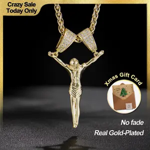 Real Gold-Plated Jesus Christ Pendant Necklace for Men and Women, 3D Christ Charm with Diamond Double-Lock Clasps, 24" Chain, Religious Gold Plated Jewelry Gift for Fashion Lovers