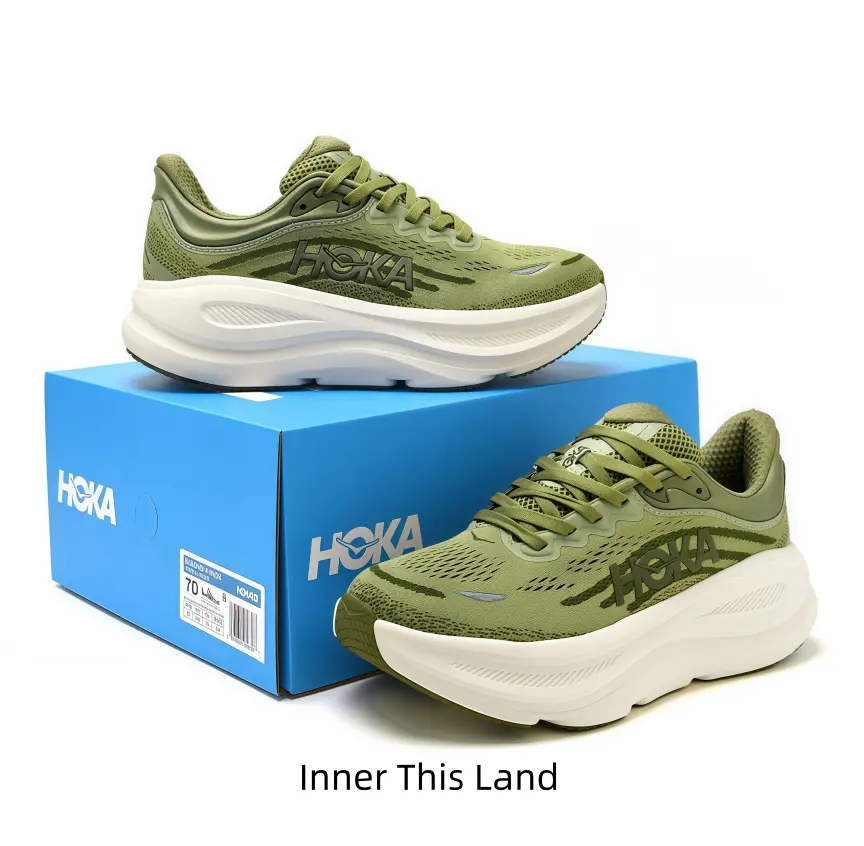 Olive green mesh cushioned running shoes with off-white curved sole, earthy tone matches forest hiking and outdoor trail workout vlogs