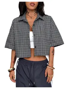 Women's Button Down Vintage Plaid Shirts Short Sleeve Crop Blouses Preppy Clothes