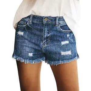 Luvamia Women's Casual Mid Rise Denim Shorts Stretch Ripped Raw Hem Jean Shorts Basic Fitted Bottom for Summer