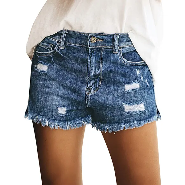 luvamia Women's Premium Denim Short Shorts - Mid Rise, Stretch, Ripped Raw Hem, Button-Accented, Casual Fit Bottoms for Summer, Party