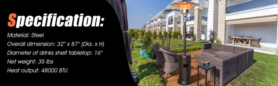 COSTWAY Propane Patio Heater with Wheels, 42000-50000 BTU Outdoor Heaters for Patio with Shelf Tabletop, Stainless Steel Burner, Auto Shut Off & Tip-Over Protection, Portable Patio Heaters for Outdoor Use