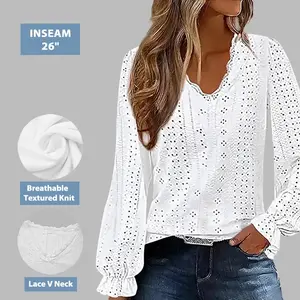 Flamingals Contrast Lace Eyelet Embroidery V Neck Long Sleeve Blouse