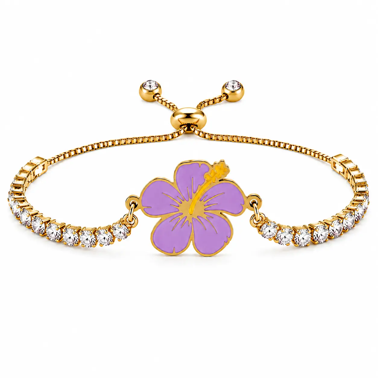 Hibiscus Flower Tennis Bracelet for Women | Gold Plated Stainless Steel Cubic Zirconia Adjustable Slide Clasp Bracelet | Red & Purple Enamel Floral Jewelry Gift