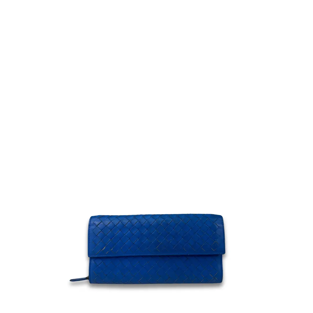 Pre-owned Bottega Leather Small Leather Goods Veneta Blue Intrecciato Continental Flap Wallet