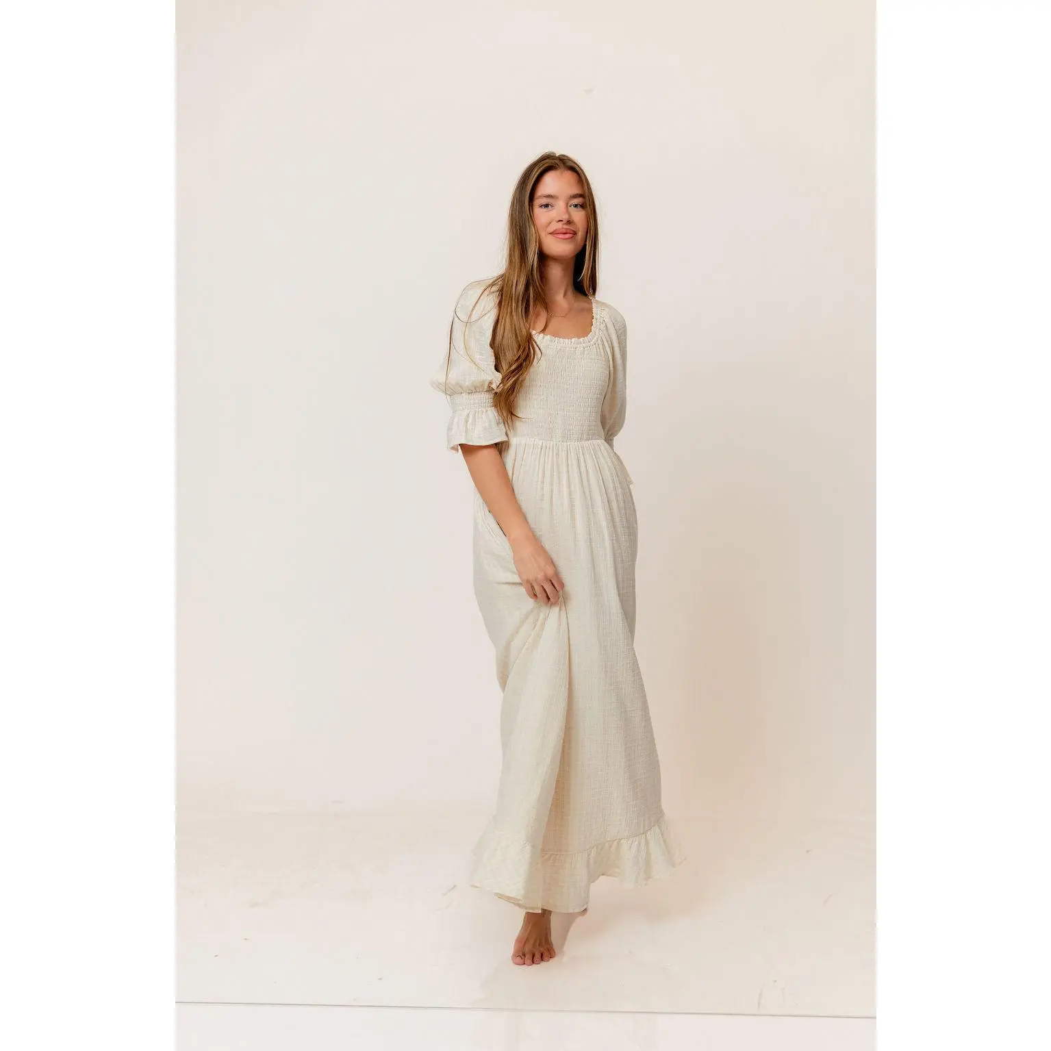 Sienna 100% Cotton Puff Sleeve Maxi Dress in Mute Pale Pink Plaid (Lined) - Bump Friendly