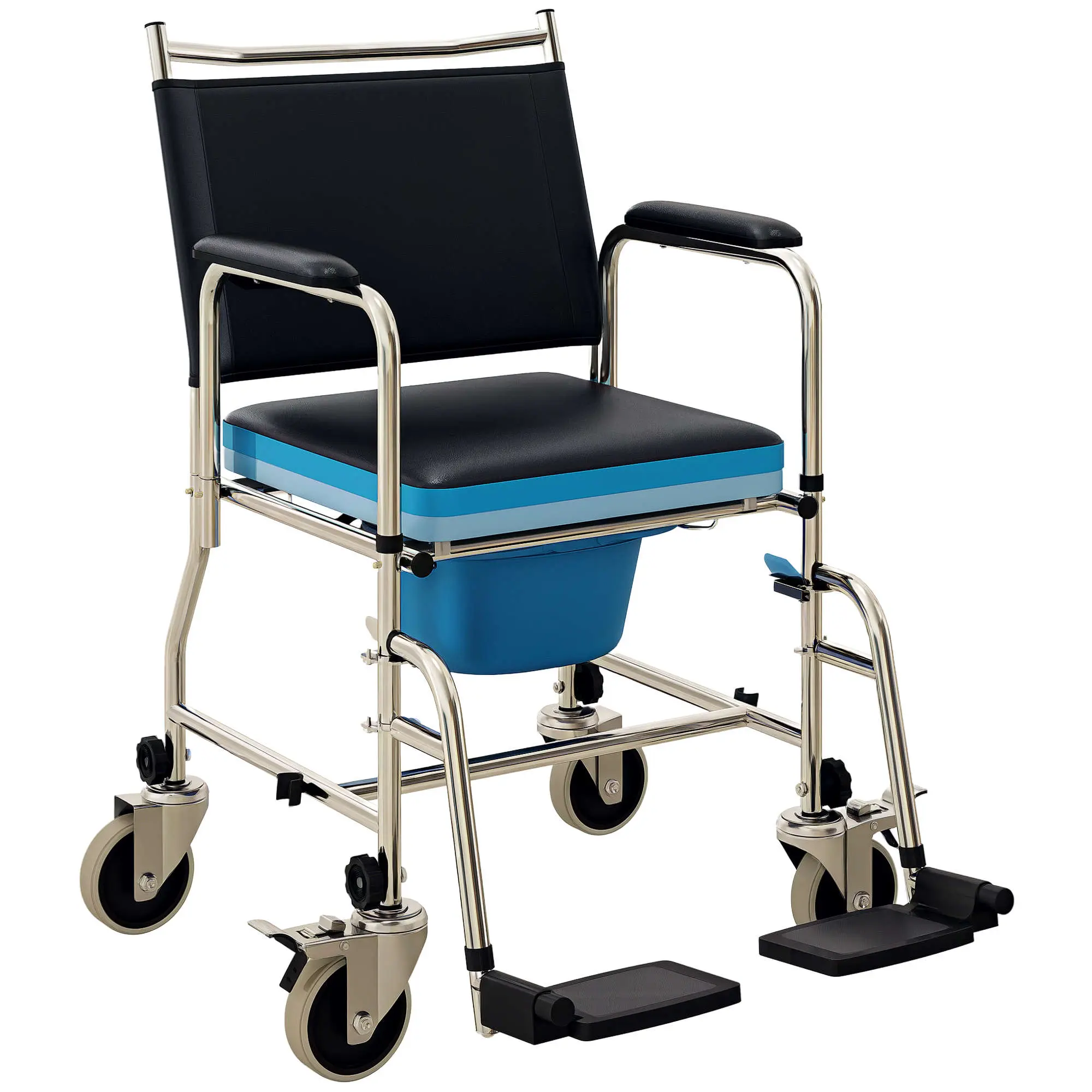 3-in-1 Rolling Shower Chair – Commode, Shower & Wheelchair. Padded PU Leather Seat, Backrest & Armrests. 300 lbs Capacity. Waterproof, Mobile with Wheel Locks. Black