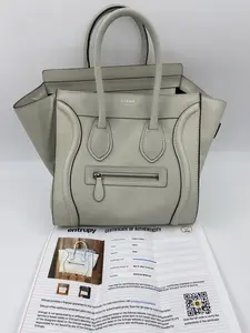 Pre-owned Celine Calfskin Top Handle Bag Pebbled Putty Micro Luggage khhe