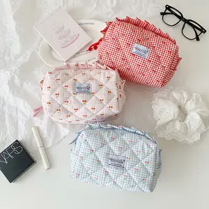 Girl Plaid Lace Makeup Bag, Cute Cherry Skincare Storage Bag, Student Portable Wash Bag, Adorable Cosmetic Organizer, Cosmetic Pouch