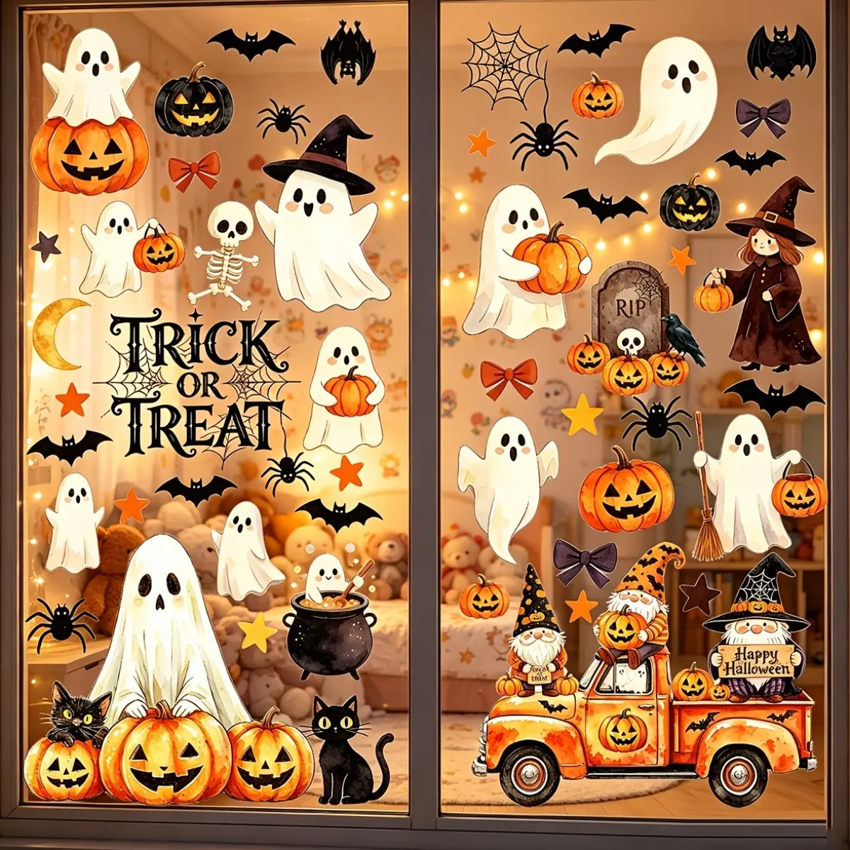 6 Sheets 56 Unique Designs for halloween Static Window Clings, Watercolor Pumpkin Ghost Witch Gnome Truck Black Cat Spider Web Tombstone Removable No Glue Window Stickers, Reusable Glass Door Decals for Halloween Home Indoor Party Decor Supplies