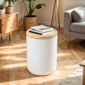 Round Magnesium Oxide Outdoor Accent Table (White) - Weather-Resistant Side Table with Hidden Storage, Indoor/Patio Friendly