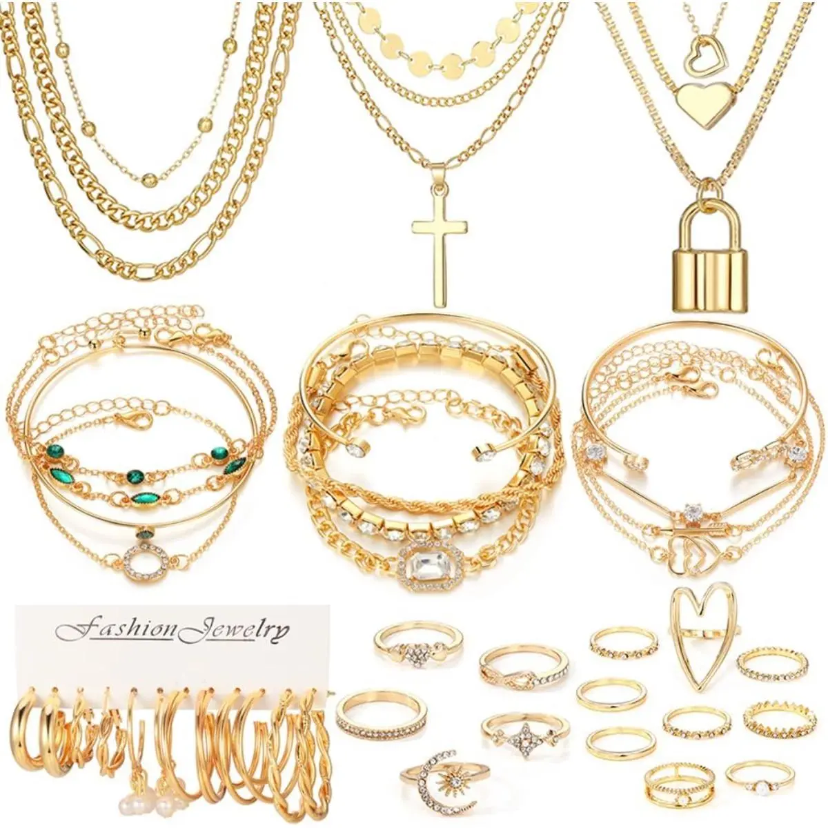 36 Pcs Golden Jewelry Set for Women with Multi Layered Necklaces,Stackable Bracelets,Knuckle Rings,Hoop Earrings,Fashion Outfit Accessories Jewelry Packs,Halloween Christmas Party Fathersdaygift,Hand Tools Kits