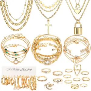 36 Pcs Golden Jewelry Set for Women with Multi Layered Necklaces,Stackable Bracelets,Knuckle Rings,Hoop Earrings,Fashion Outfit Accessories Jewelry Packs,Halloween Christmas Party Gifts,Hand Tools Kits