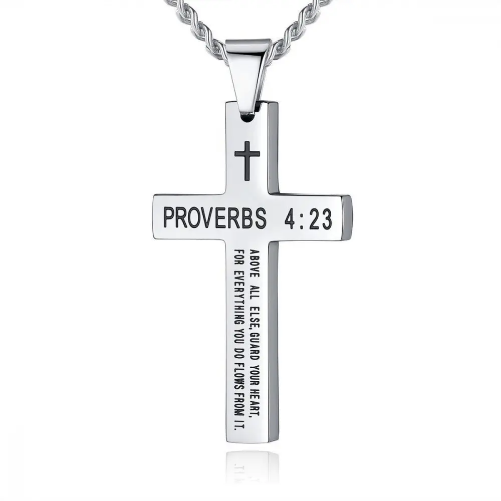 Men's Stainless Steel Cross Medallion Pendant with Engraved Bible Verse - Minimalist Religious Necklace with 24-Inch Chain, Faith-Based Fashion Birthday Gift, Engraved With Bible Verse, Men's Accessories
