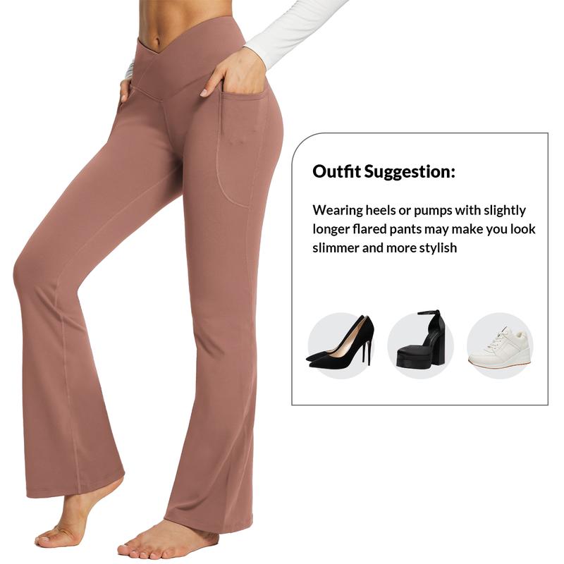 baleaf 29''/32''/34'' inseam Women Flare Leggings Crossover V-Cut Yoga Pants Flare Khakis High Waist Casual Workout Lounge Tall Bottom Pockets Petite Girls Forbidden Pants