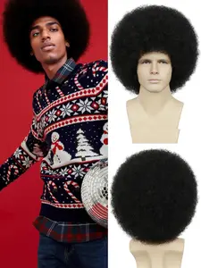 70s Afro Wig for Men Short Curly Natural Black Hair Fluffy Synthetic Funny Wig for Party Halloween Hippies Rocker Disco Wig（Black）