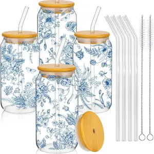4 count Blue Floral Iced Glass Cups with   and Straws Floral Gifts 16oz Glasses  Can Cup Employee Appreciation  for Social Worker Women Teacher Employee Coworker
