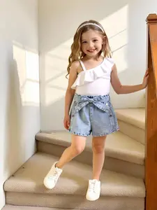 Cute Irregular Girls' Top + Street Style Denim Shorts Set, Casual Fashion for Travel and Street Photography