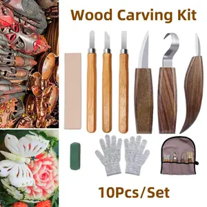 10Pcs Wood Carving Kit,Beginner Set With Resistant Gloves,Spoon & Whittling Knife,Sandpaper for Woodworking,Sewing,Halloween Christmas Party Gifts,Hand Tools Kits