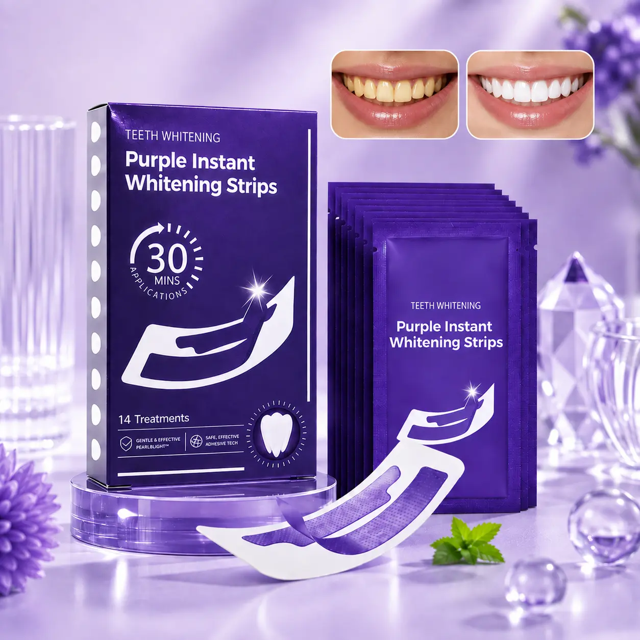 Purple Color Correcting Teeth Whitening Strips, 28 PCS Whitening Sessions, Peroxide-Free & Enamel-Safe Formula, Gentle Daily Oral Care, Helps Improve the Appearance of Surface Stains, Freshens the Look of Teeth and Supports a Brighter-Looking Smile
