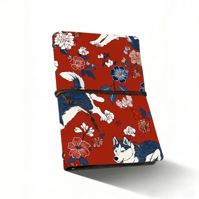 A6 Composition Notebook, New Year Gift for Women, 7.28x5.12 Inches, Siberian Husky Design, Colorful Flowers, Background