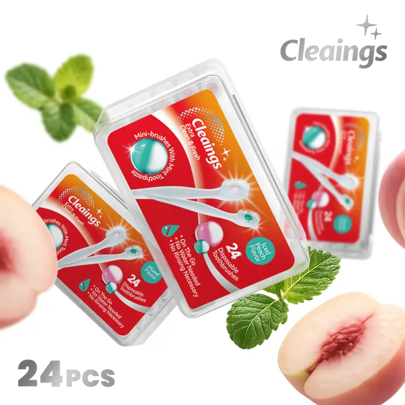 [Clearance] Cleaings 4-in-1 Portable Mini Brushes Set with Toothpaste Toothbrush Toothpick & Tongue Scraper Mint Flavor 24 Count  Oral Peach Capsule Pack sikat