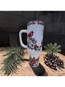 Cardinal Theme 40 oz Tumbler with Handle Insulated Stainless Steel Keeps Beverages Hot Cold for Hours Includes Metal Straw Straw Cleaner and Clear Plastic Lid Great Gift Idea - Flasks, Drinkware