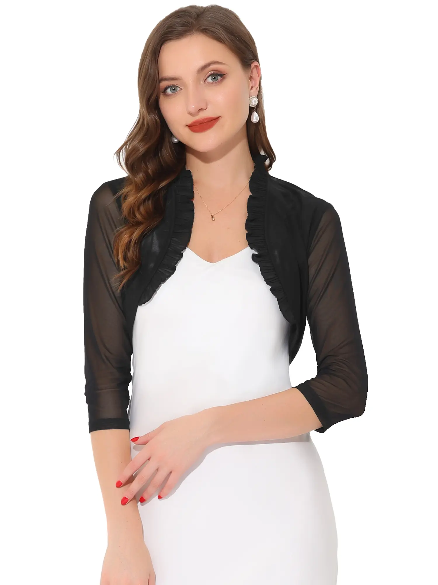 INSPIRE CHIC Elegant 3/4 Sleeves Open Front Mesh Bolero Ruffle Shrug