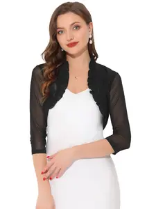 INSPIRE CHIC Elegant 3/4 Sleeves Open Front Mesh Bolero Ruffle Shrug