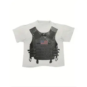 FEEGO Men's Light Gray Tactical Vest & USA Flag Graphic T-Shirt Edgy Streetwear Casual Tee giftideas Distressed Armor Print Oversized Top for Daily Wear & Trendy Patriotic Gifts