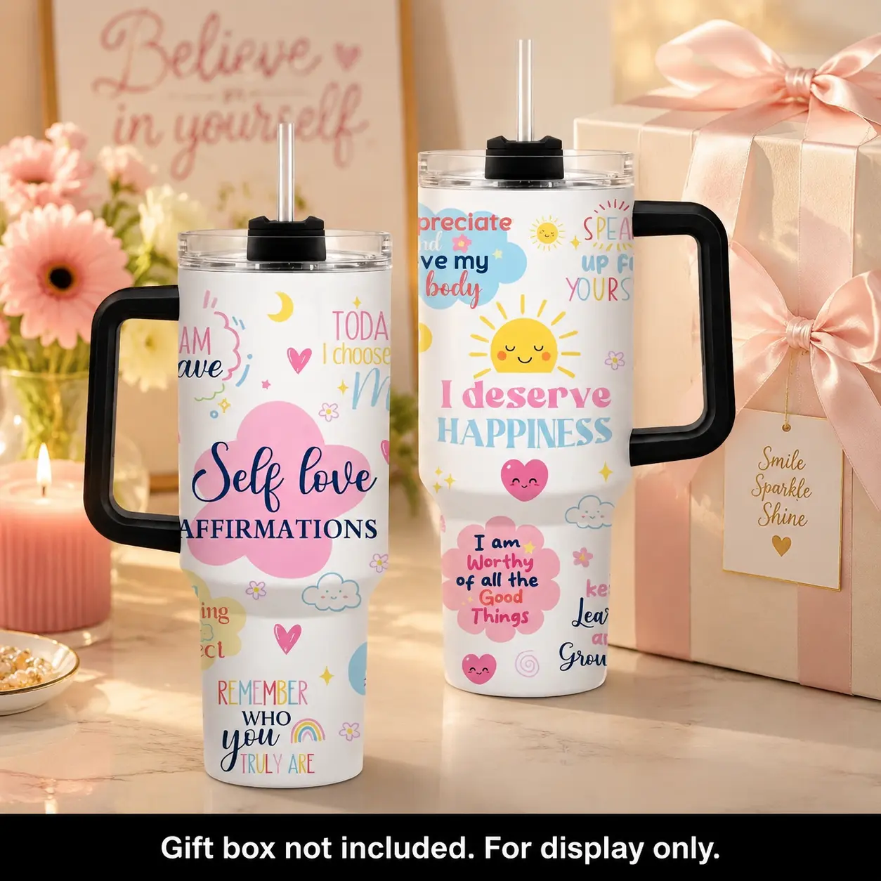 40oz Stainless Steel Vacuum Insulated Flask - Portable Reusable Self Love Affirmations Tumbler with Handle, Lid, Pastel Rainbow & Sun Design, Iced Coffee Cup, Gift for Self Love Enthusiasts, Office & Travel Use, Flasks