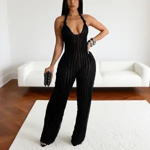 Summer Sexy Halter Jumpsuits for Women V Neck Knot Pleated Boho One Piece Wide Leg Long Pants Jumpsuit Black High-Quality Polyester & Mesh Fabric Loose Fit for All-Day Comfort Casual Elegant Overalls Sleeveless Solid Evening Beach Womenswear overall