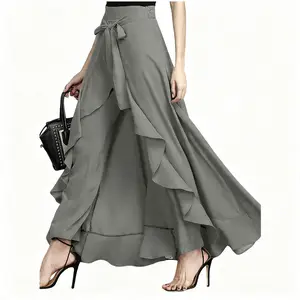 Women's Oversized High-Waisted Wide-Leg Polyester Sports Bottoms - Asymmetrical Tie Details, Slightly Elastic Solid Color Clothes, Suitable for Spring & Summer Outdoor Activities