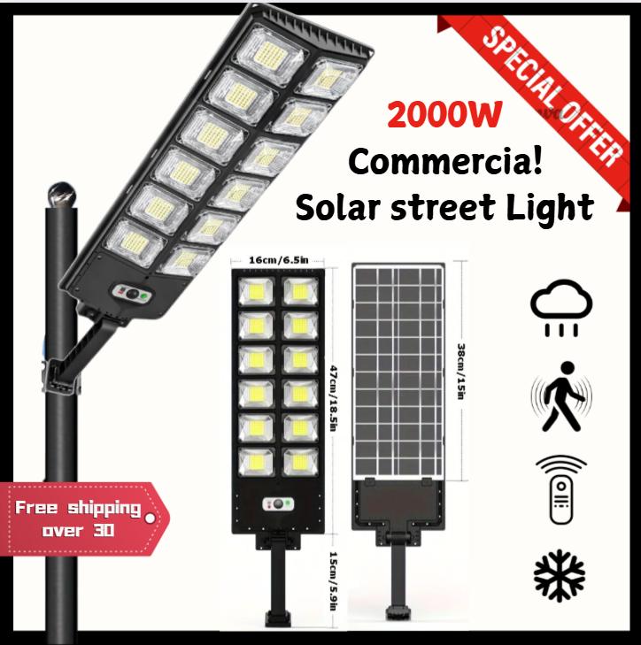 SolarStreetLight 2000W Commercial Solar Lights Wide Angle Motion Sensor Remote Control Waterproof Foldable Bracket LED Landscape Spotlights for Home & Commercial IP65 Cold White 6500K