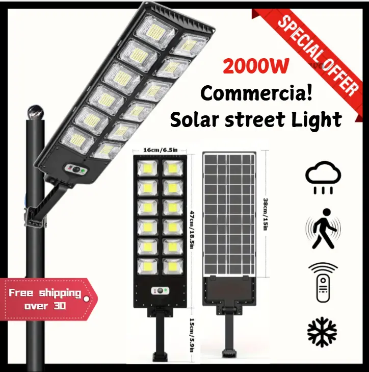 SolarStreetLight 2000W Commercial Solar Lights Wide Angle Motion Sensor Remote Control Waterproof Foldable Bracket LED Landscape Spotlights for Home & Commercial IP65 Cold White 6500K