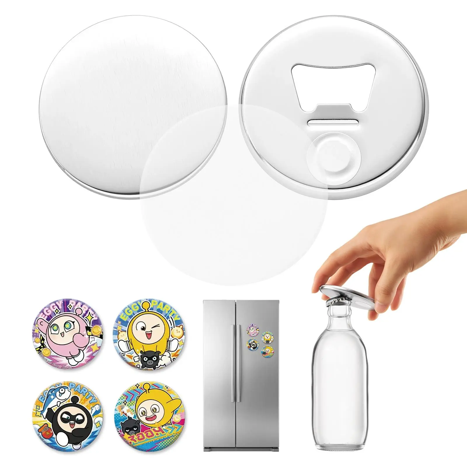 VEVOR Button Maker Supplies 50 Sets 2.95 in / 75 mm Magnet Button Parts, with Magnetic and Bottle Opener Backs, Metal Shells, Clear Mylar Films, and Blank Circle Papers, for Home DIY, Kitchen Decor