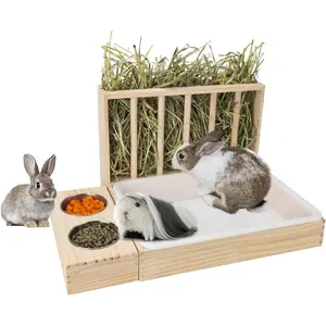 3 in 1  Hay Feeder with Litter Box,Wooden Hay Feeder with 2 Bowls & Litter Box for Guinea Pig Chinchilla Bunny Other Small ,Large Capacity & Preventing