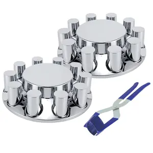 ABS Chrome Plastic Front Flat Top Axle Cover Kits with 33mm Thread-on Flange Nut Covers for Semi Trucks in Pairs (Flat Top, 2 Set)