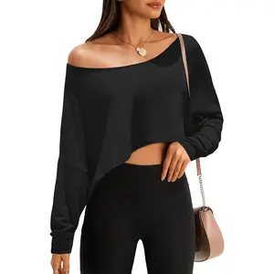 Womens Off The Shoulder Cropped Tops Batwing Long Sleeve Loose Fit Summer Boat Neck Workout T Shirts