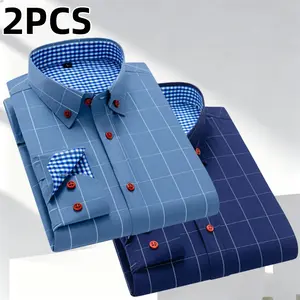 Two men's long-sleeve shirts featuring a plaid color-block design, styled for business casual wear. It features a notched lapel collar that is sharp and well-structured, red buttons add a refined touch, and the blue-and-white plaid lining creates visual d