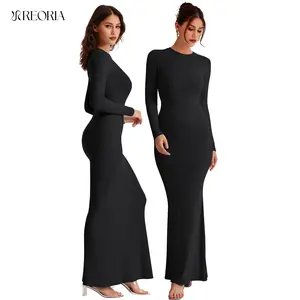 REORIA Women's Sexy Crew Neck Lounge Long Dress  with Fishtail Hem  - Machine Washable, Summer Elegant Long Sleeve Ribbed Bodycon Maxi Dresses Spring Layer Casual  Womenswear, Elegant & Versatile for Any Occasion
