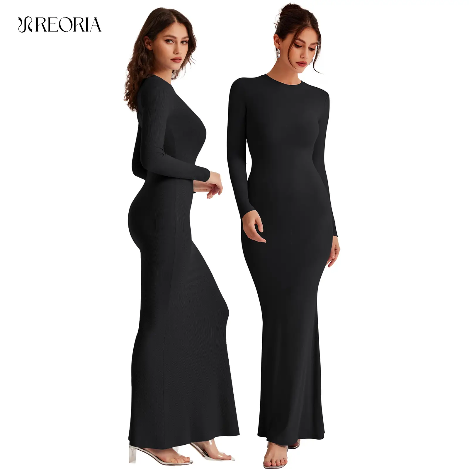 REORIA Fallfreshness Women's Sexy Crew Neck Lounge Long Dress with Fishtail Hem - Machine Washable, Summer Elegant Long Sleeve Ribbed Bodycon Maxi D